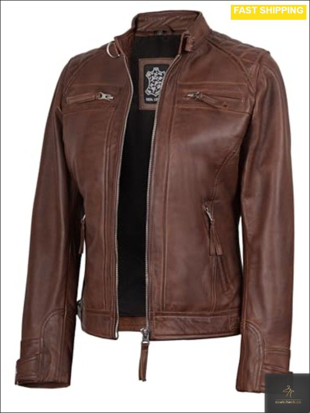 Real Lambskin Leather Jacket Women Moto Cafe Racer Quilted Zip Up Biker